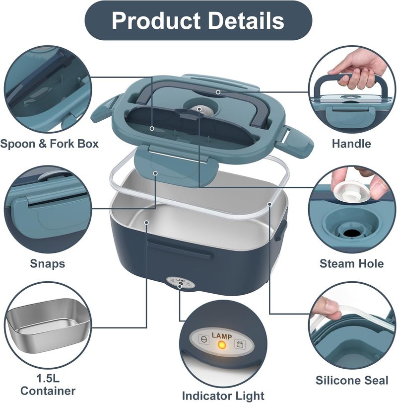 Vabaso Electric Lunch Box Food Heater, 80W Electric Heating Lunch Boxes Lunch for Adults/Men/Car/Truck/Work, 1.5L Removable 304 Stainless Steel Container, 110V/12V/24V, with Fork & Spoon - Image 5